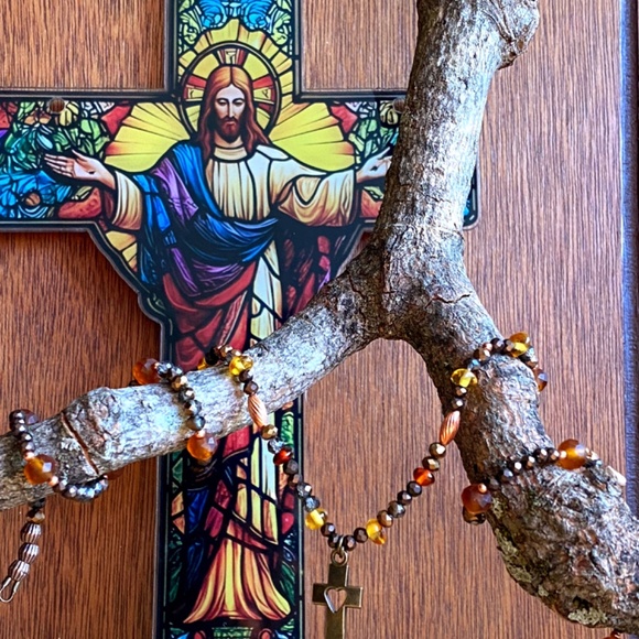 Baltic Amber with Austrian Crystals Christian Cross Necklace - Picture 5 of 9